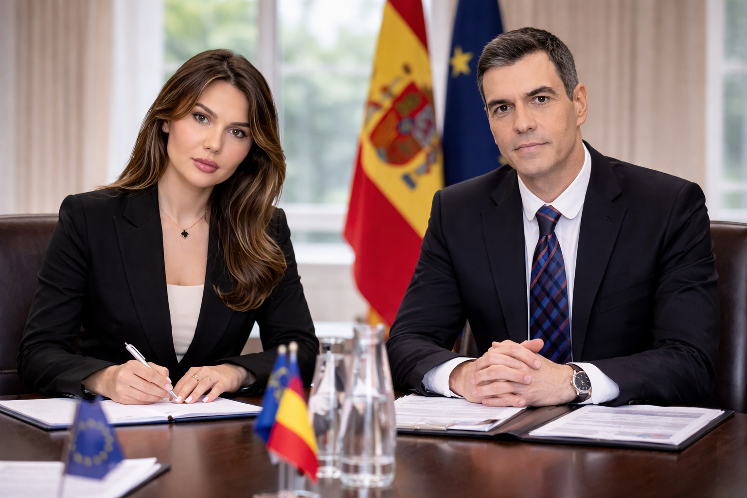 Sarah Jonson y Pedro Sanchez en reunión oficial